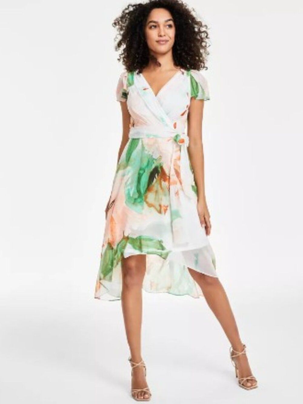 DKNY Flutter Sleeve Faux Wrap Floral Watercolor Chiffon Midi High Low Dress 22W